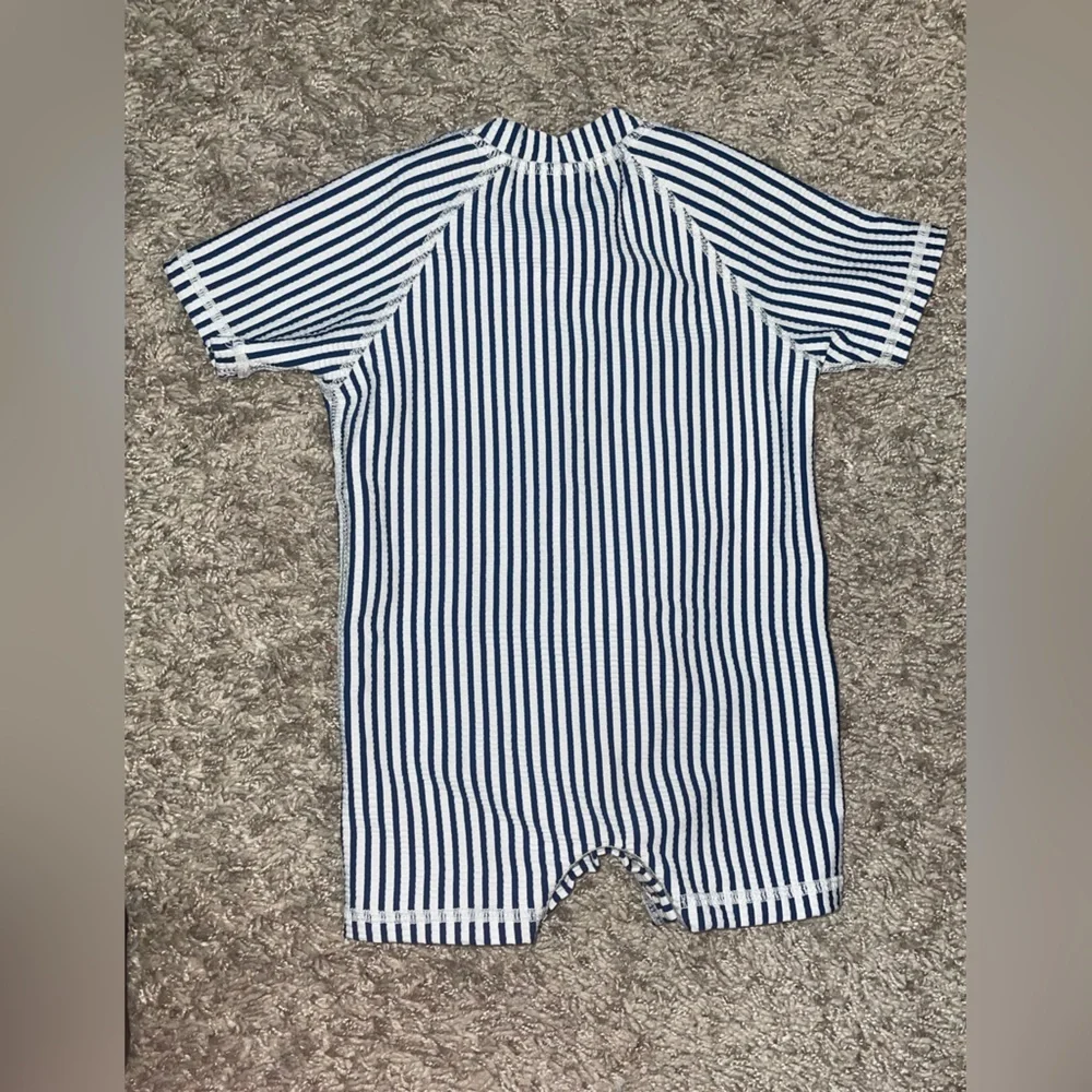 Kids Short-Sleeve Navy Stripe Rashguard Swimsuit